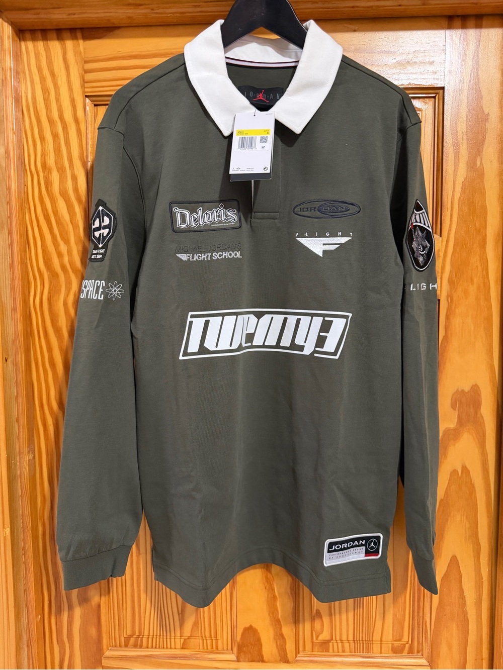 Jordan Olive Green Long Sleeve Polo with White Collar and Graphic Logos - Picture 3 of 5